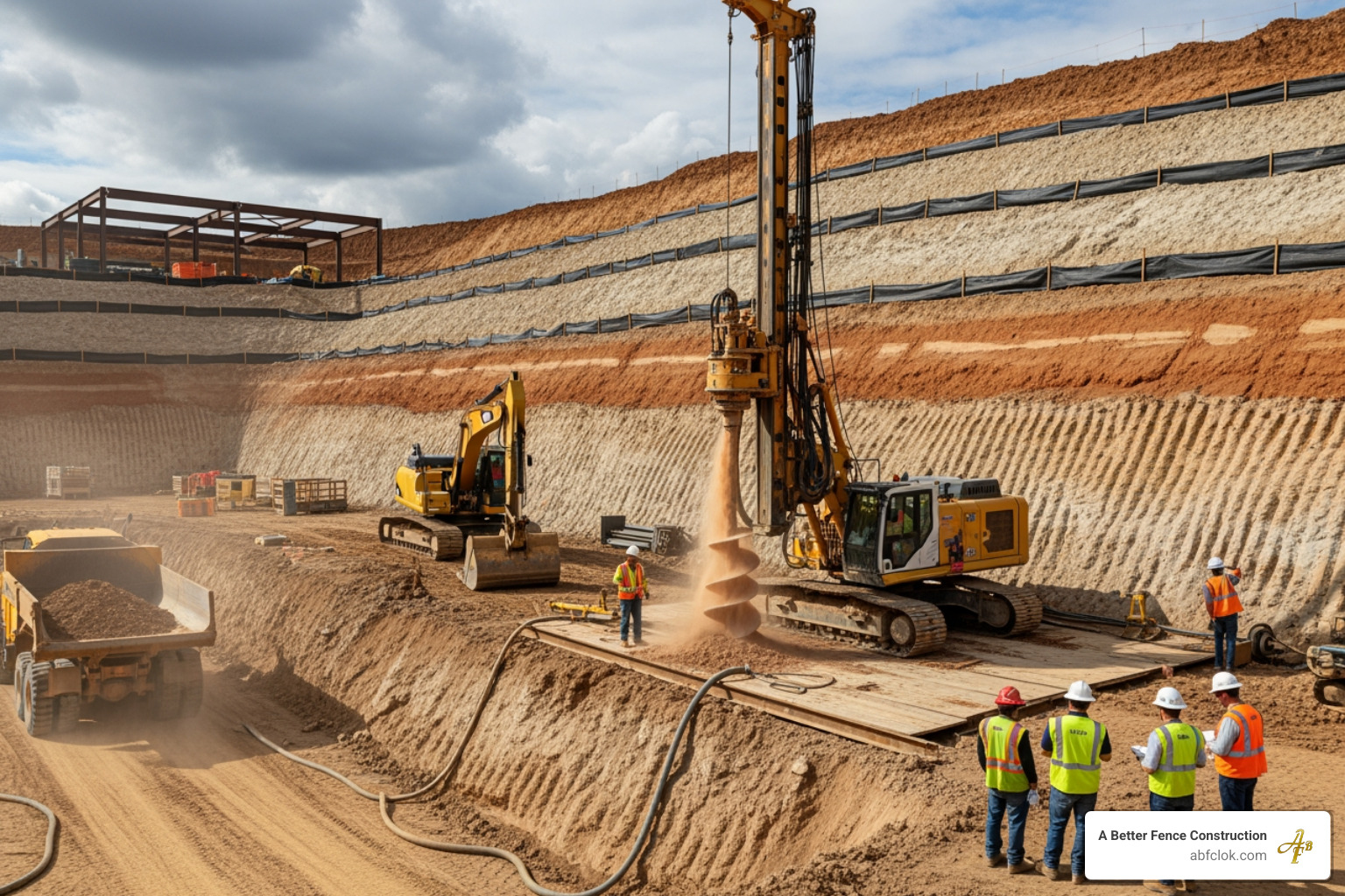 A drill rig operating on a sloped excavation site - soil nail wall contractors A drill rig operating on a sloped excavation site - soil nail wall contractors