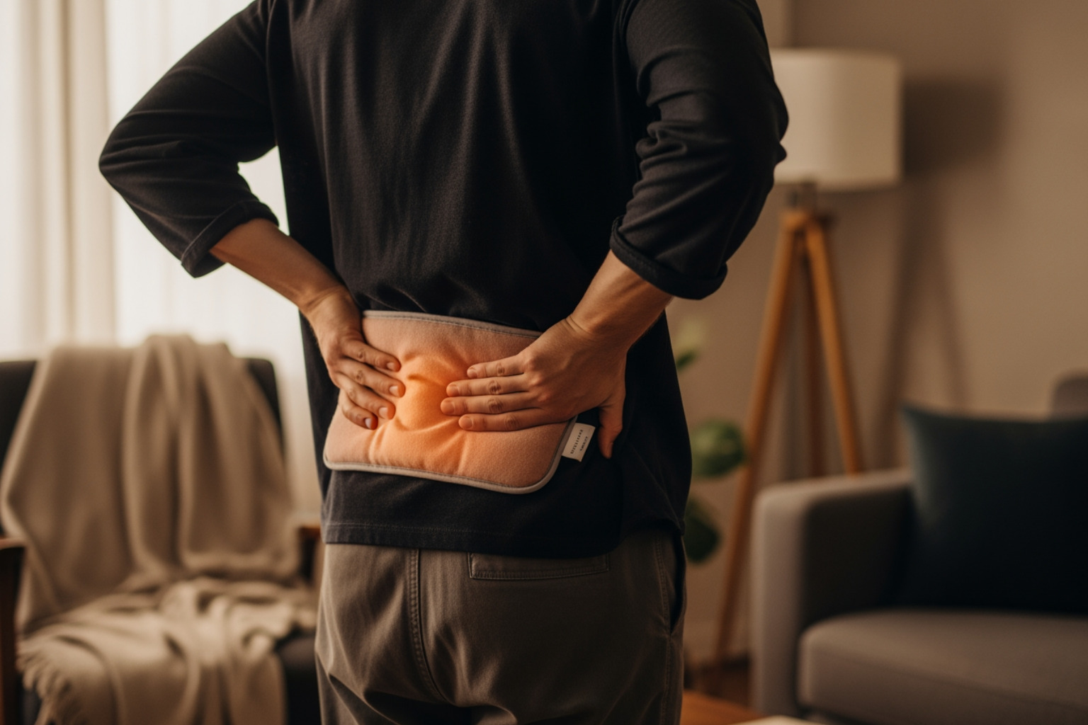 person applying hot pack to back - tired muscle aches person applying hot pack to back - tired muscle aches