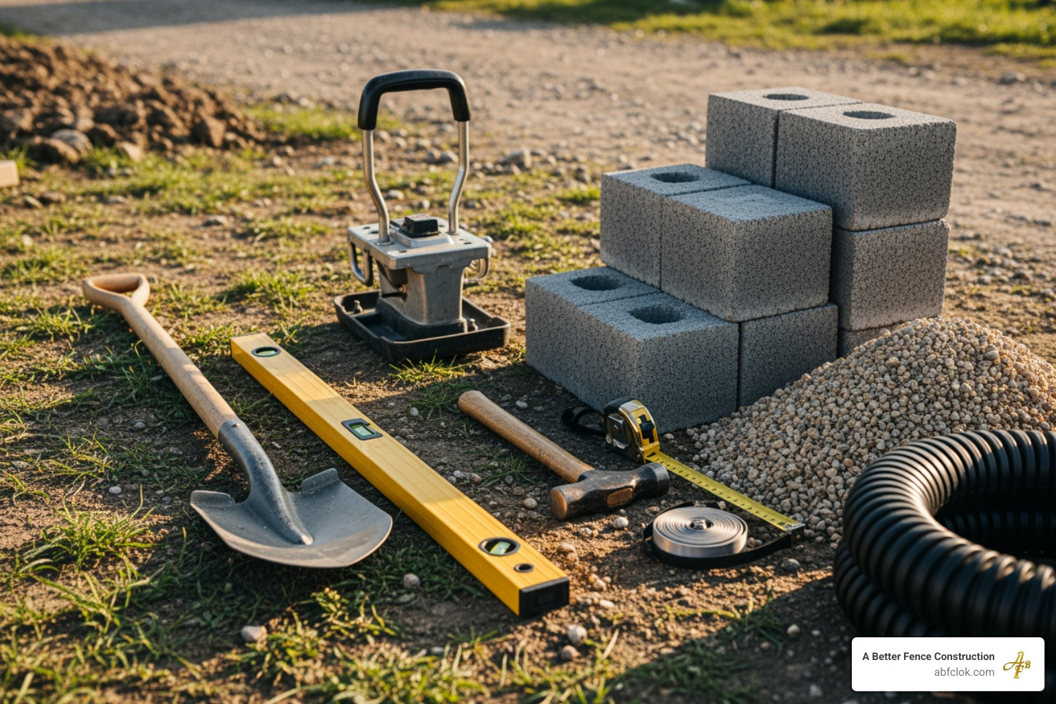 tools and materials laid out for a retaining wall project - constructing a retaining wall with blocks tools and materials laid out for a retaining wall project - constructing a retaining wall with blocks