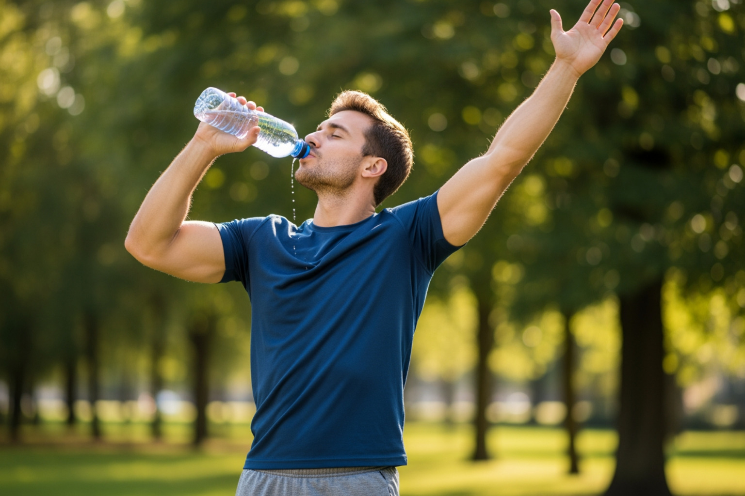 Man drinking water and stretching - muscle pain for no reason Man drinking water and stretching - muscle pain for no reason