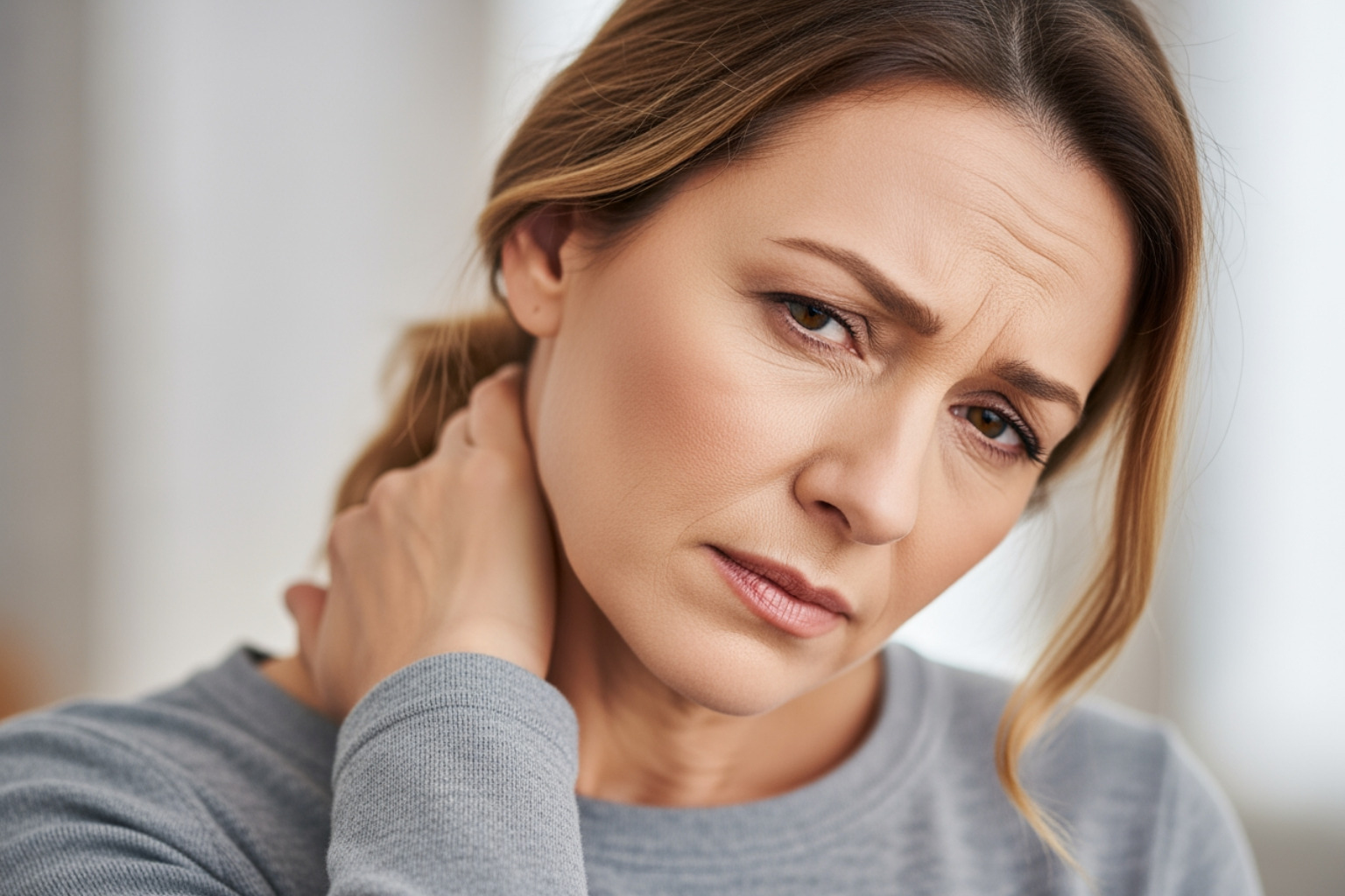 Person with fibromyalgia holding their neck - muscle pain for no reason Person with fibromyalgia holding their neck - muscle pain for no reason