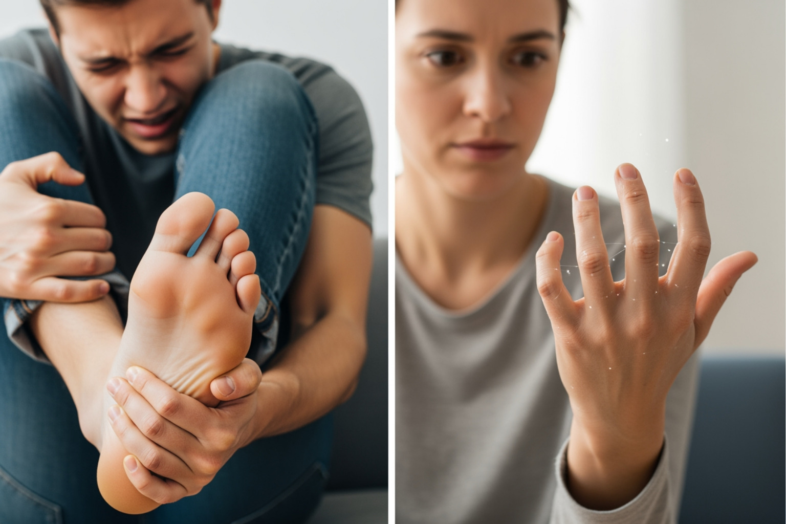 a person experiencing foot pain and another with hand tingling - What is neuropathy