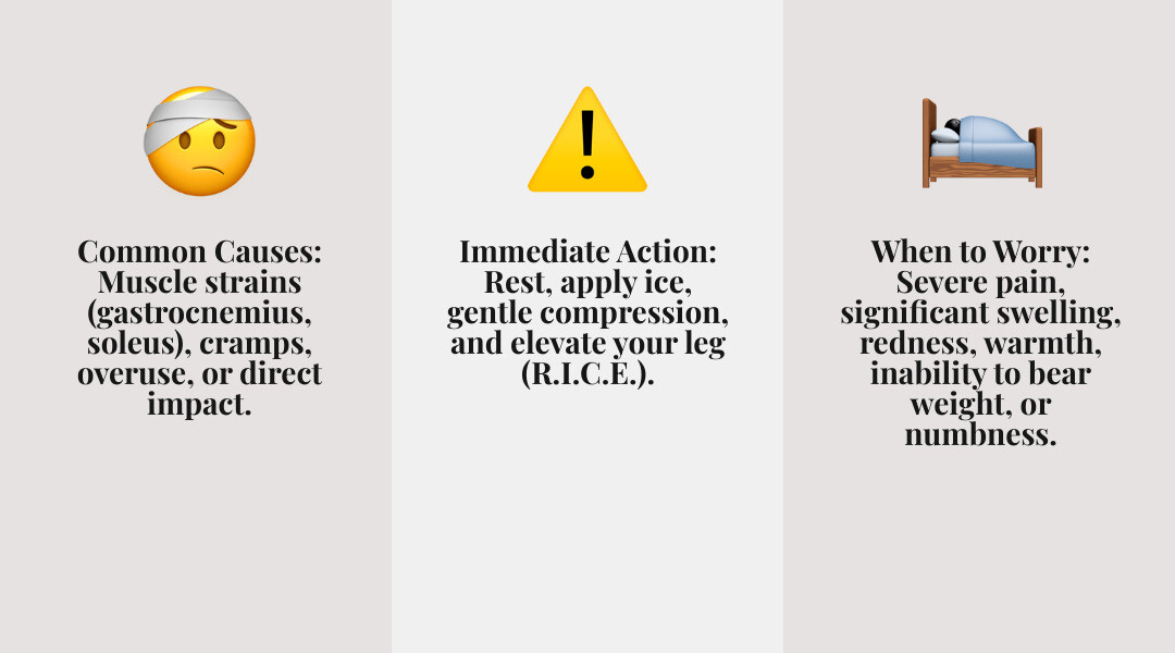 Infographic summarizing common causes, warning signs, and initial relief for upper calf pain - pain in upper calf infographic 3_facts_emoji_grey