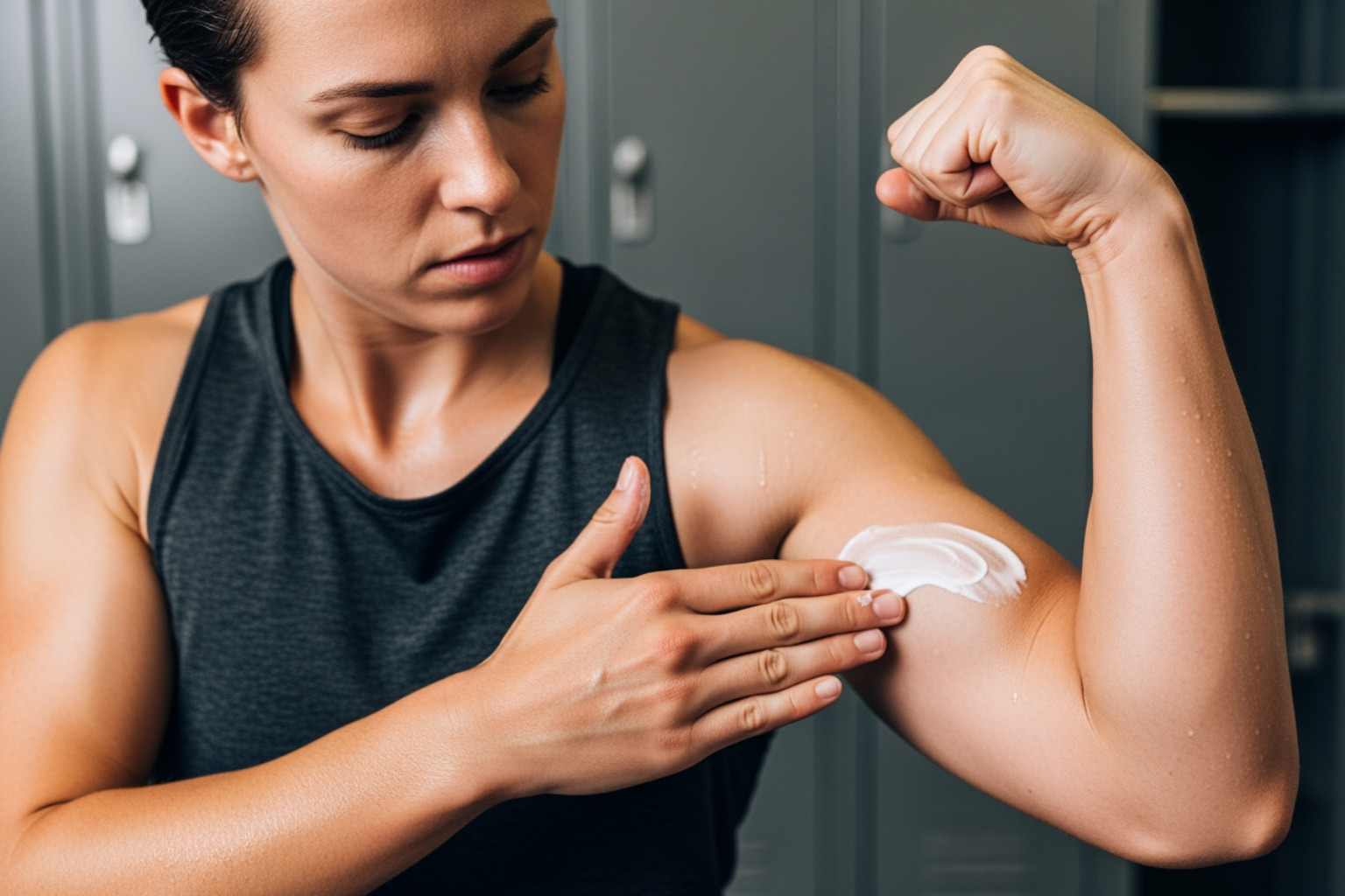 person applying topical cream to sore bicep - sore arms after gym person applying topical cream to sore bicep - sore arms after gym
