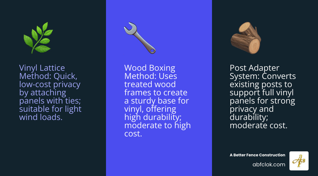 infographic showing three attachment methods side by side: lattice with zip ties on left, post adapter system in middle, and wood boxing method on right, with cost estimates and durability ratings for each - attach vinyl fence to chain link infographic 3_facts_emoji_blue infographic showing three attachment methods side by side: lattice with zip ties on left, post adapter system in middle, and wood boxing method on right, with cost estimates and durability ratings for each - attach vinyl fence to chain link infographic 3_facts_emoji_blue