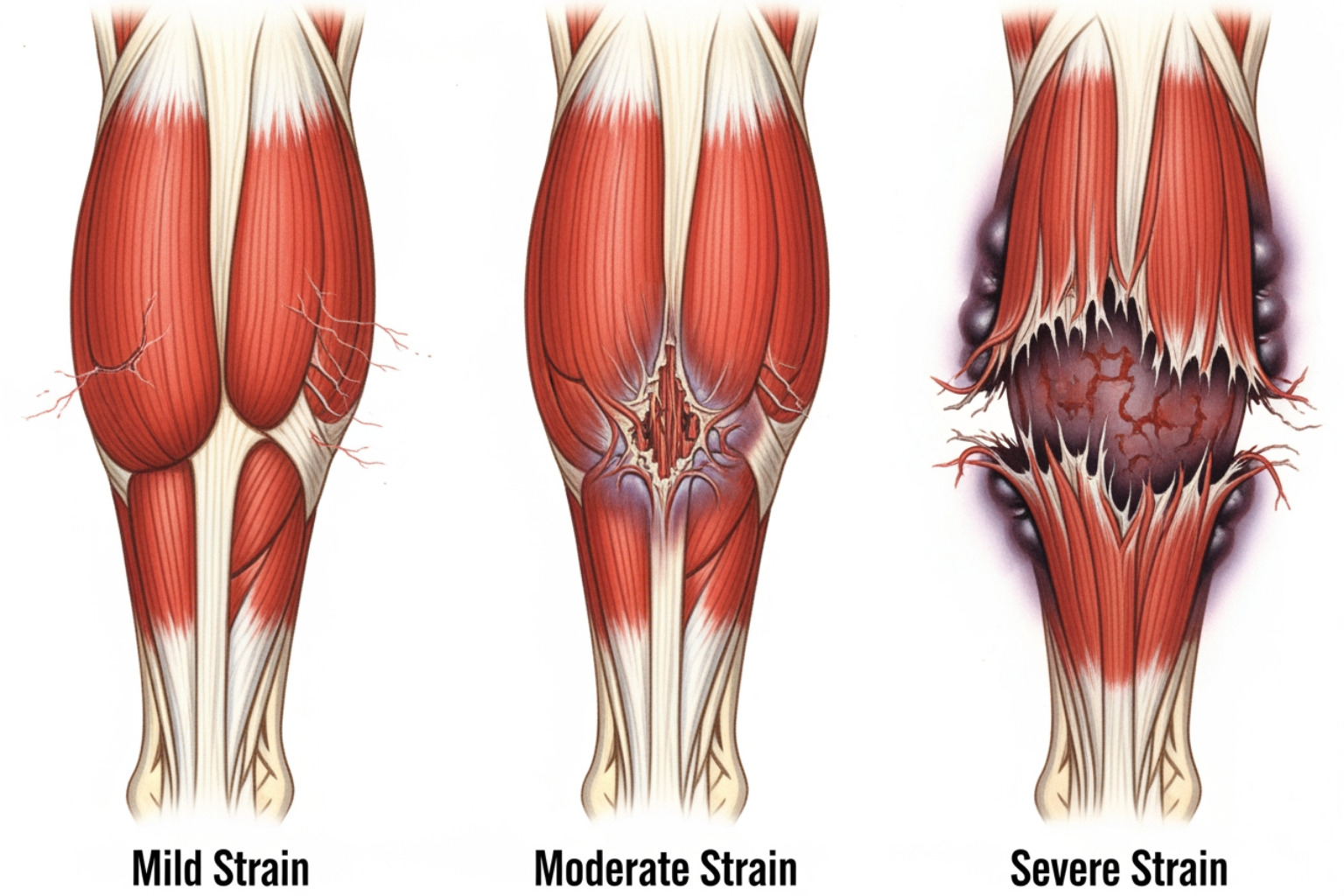 illustration of mild moderate and severe calf muscle strains - calf pain after running