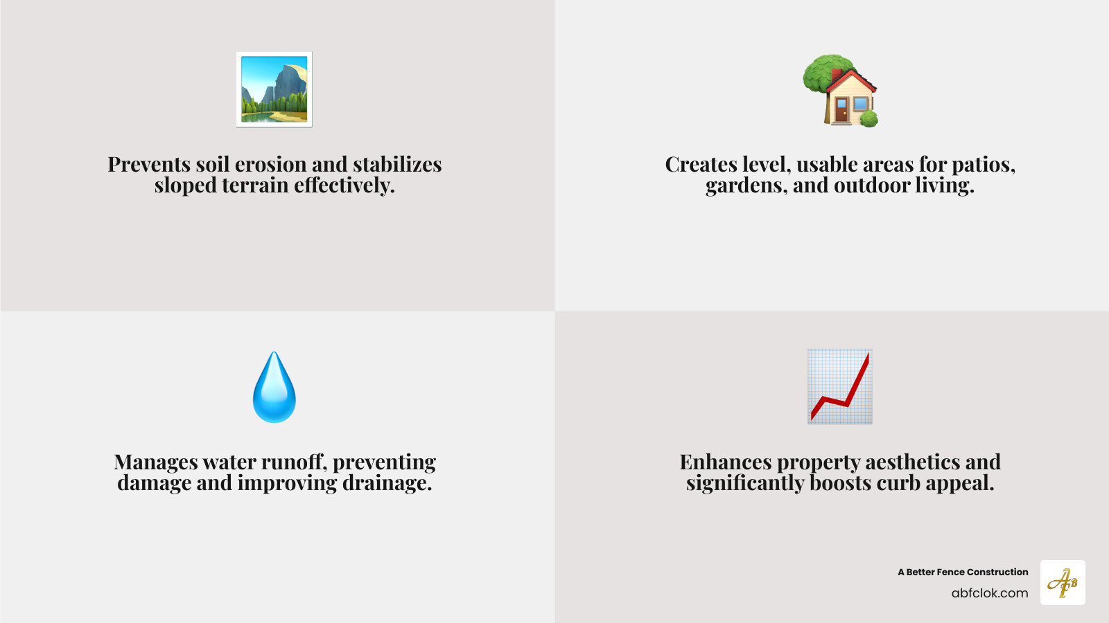Infographic showing the anatomy of a retaining wall system, including from bottom to top: excavated foundation soil compacted to 95%, gravel leveling pad (4-6 inches), base course of interlocking blocks, stacked block courses with hollow cores filled with drainage gravel, geogrid layers extending back into soil mass, crushed stone backfill behind blocks, perforated drain pipe at base, and finished capstones on top - retention wall blocks infographic 4_facts_emoji_grey Infographic showing the anatomy of a retaining wall system, including from bottom to top: excavated foundation soil compacted to 95%, gravel leveling pad (4-6 inches), base course of interlocking blocks, stacked block courses with hollow cores filled with drainage gravel, geogrid layers extending back into soil mass, crushed stone backfill behind blocks, perforated drain pipe at base, and finished capstones on top - retention wall blocks infographic 4_facts_emoji_grey