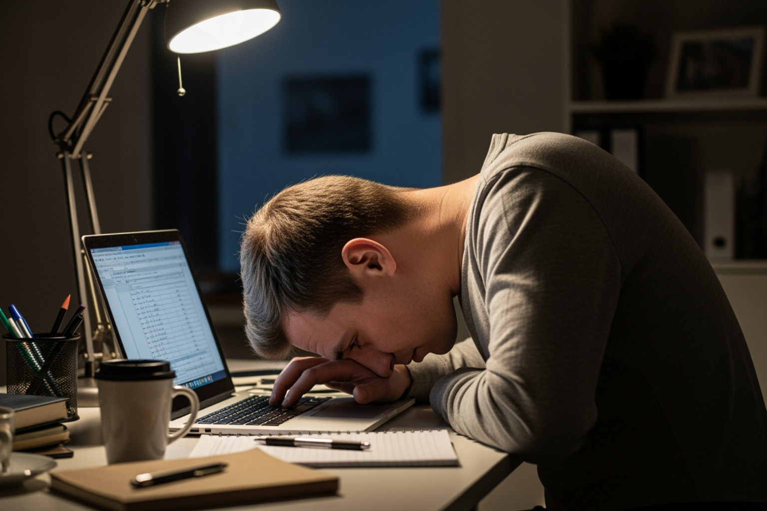 person with poor posture working at a desk - pain in upper trapezius person with poor posture working at a desk - pain in upper trapezius