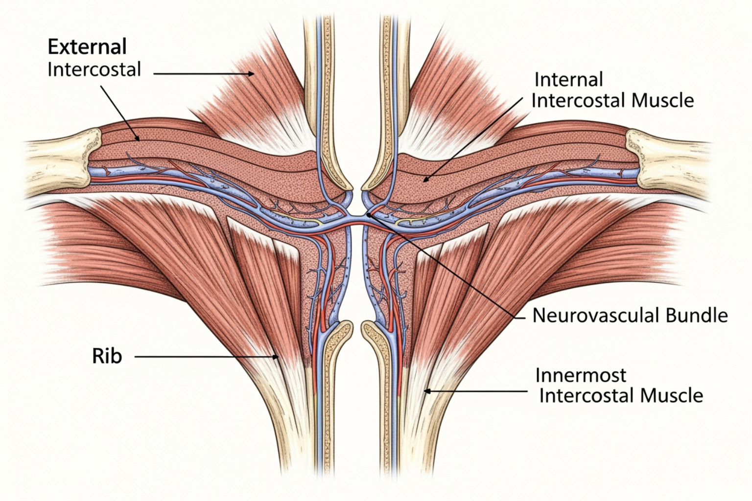 three layers of intercostal muscles between the ribs - intercostal muscle pain