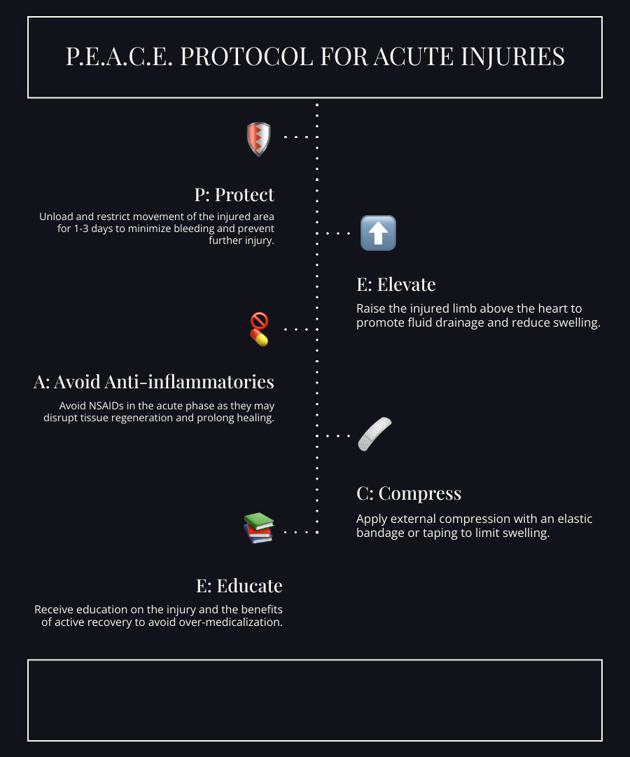 Infographic explaining the PEACE & LOVE principle for acute muscle injuries - sore quad muscle infographic infographic-line-5-steps-dark Infographic explaining the PEACE & LOVE principle for acute muscle injuries - sore quad muscle infographic infographic-line-5-steps-dark
