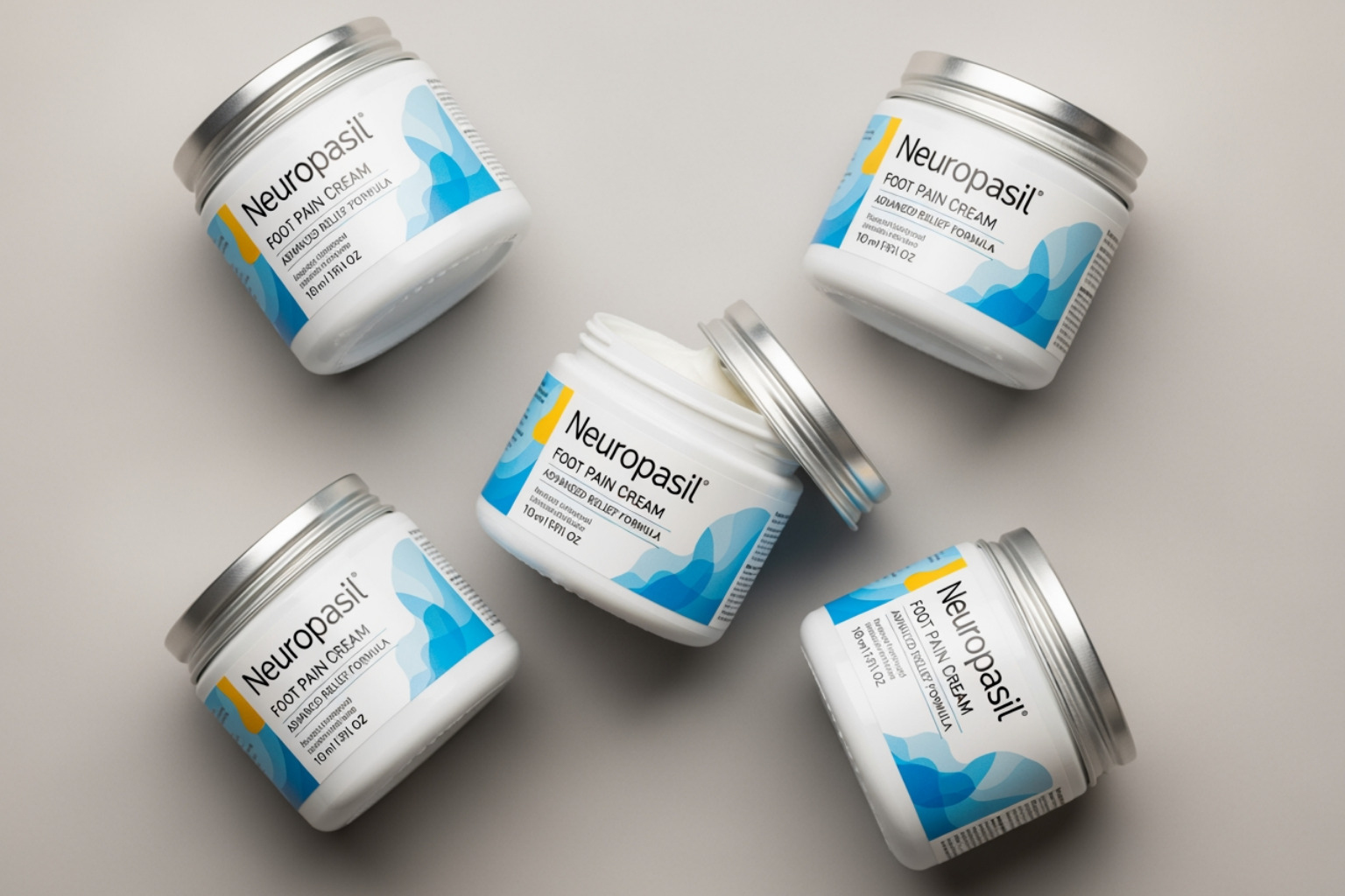 A flat lay featuring several Neuropasil foot pain creams - pain cream for feet A flat lay featuring several Neuropasil foot pain creams - pain cream for feet