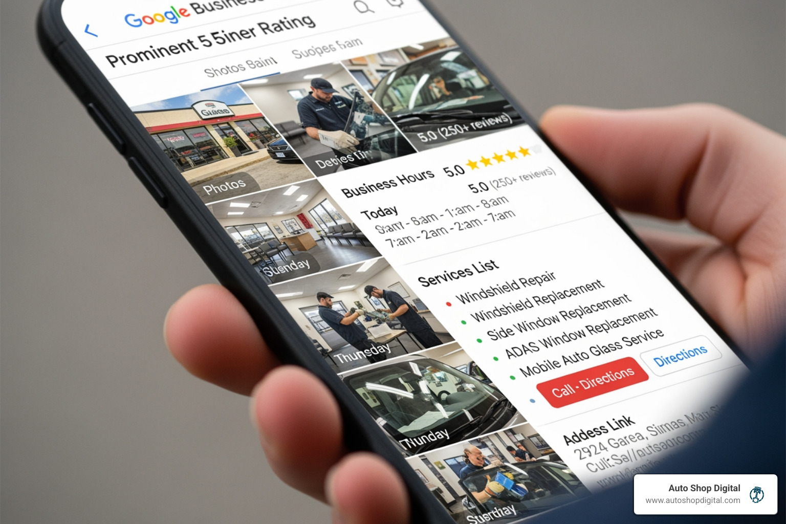 A person holding a smartphone showing a fully optimized Google Business Profile for an auto glass shop, with photos, hours, services, and a 5-star rating. - Auto glass shop marketing A person holding a smartphone showing a fully optimized Google Business Profile for an auto glass shop, with photos, hours, services, and a 5-star rating. - Auto glass shop marketing