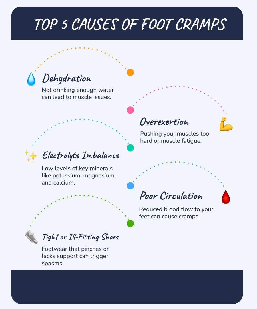 Infographic summarizing the top 5 causes of foot cramps: Dehydration, Overexertion, Electrolyte Imbalance, Poor Circulation, and Tight Shoes - What causes foot cramps? infographic infographic-line-5-steps-blues-accent_colors Infographic summarizing the top 5 causes of foot cramps: Dehydration, Overexertion, Electrolyte Imbalance, Poor Circulation, and Tight Shoes - What causes foot cramps? infographic infographic-line-5-steps-blues-accent_colors