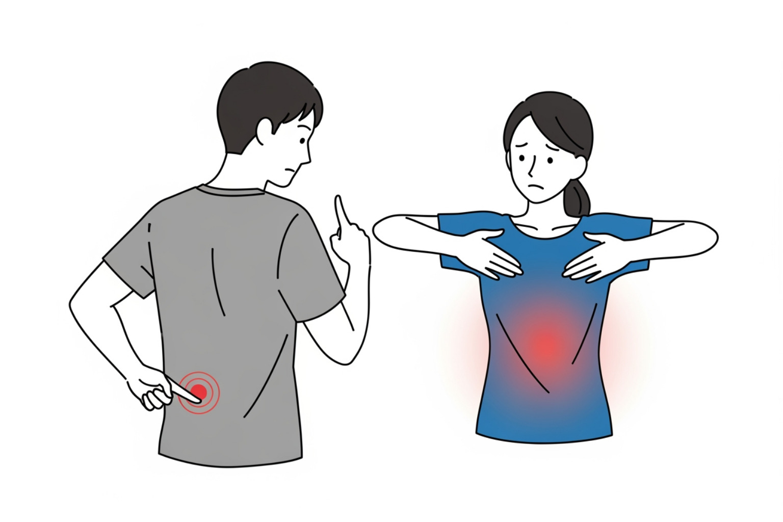 Image illustrating the difference between localized and diffuse body pain, with one figure pointing to a specific painful area and another indicating widespread pain. - body pain relief