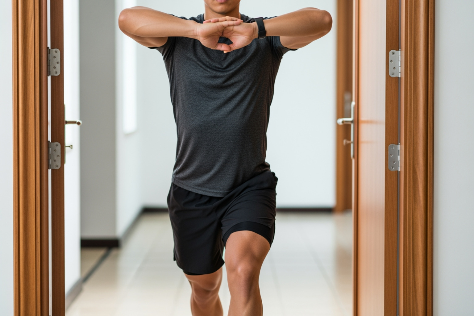 person performing a doorway stretch - sore shoulder blade muscle