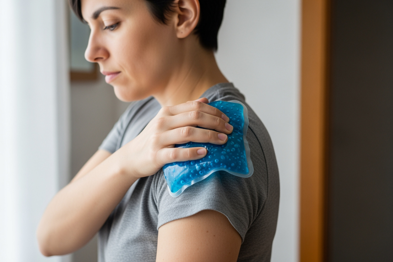 person applying cold pack to shoulder - relieve muscle soreness person applying cold pack to shoulder - relieve muscle soreness