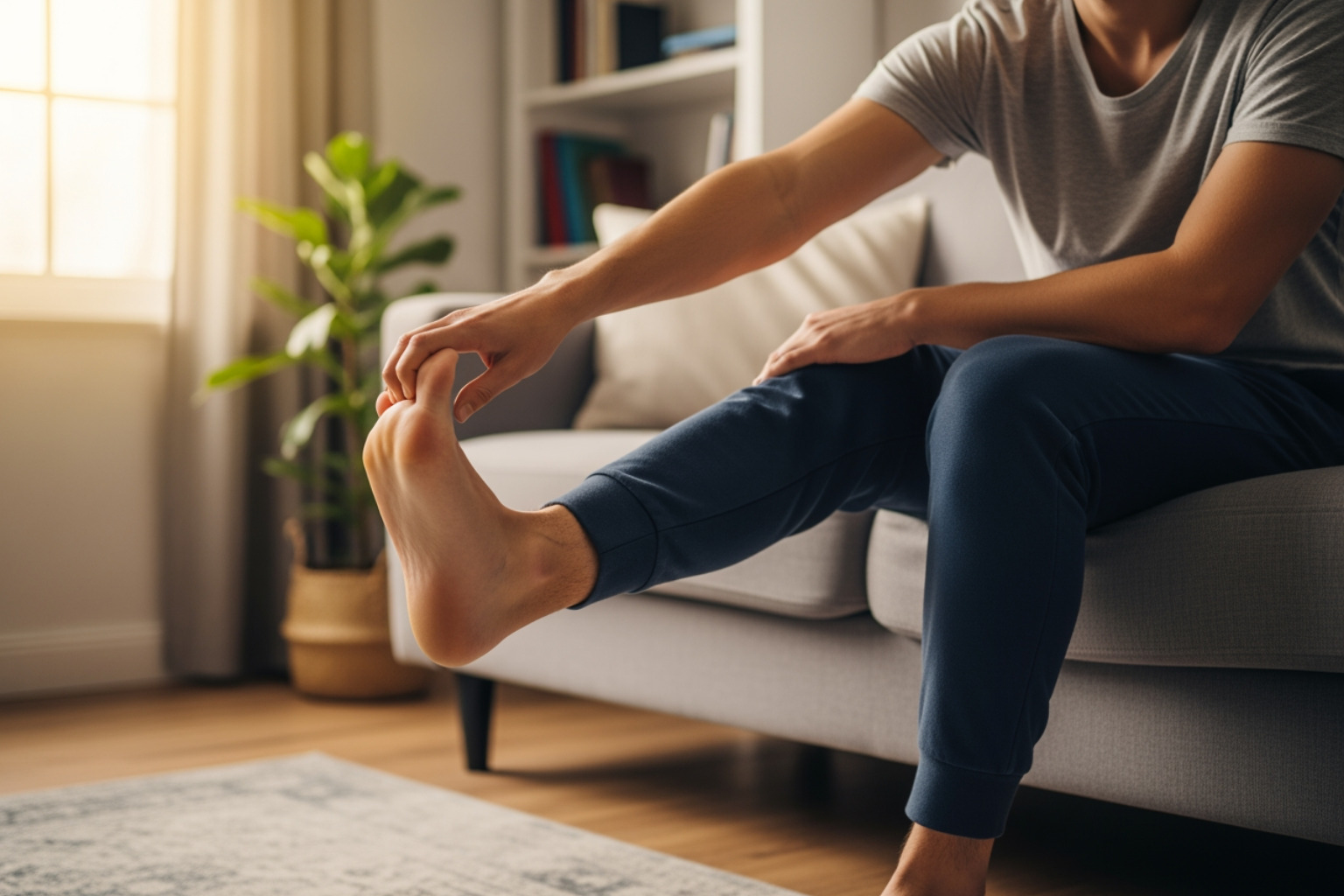 A person stretching their foot to relieve a cramp - What causes foot cramps? A person stretching their foot to relieve a cramp - What causes foot cramps?