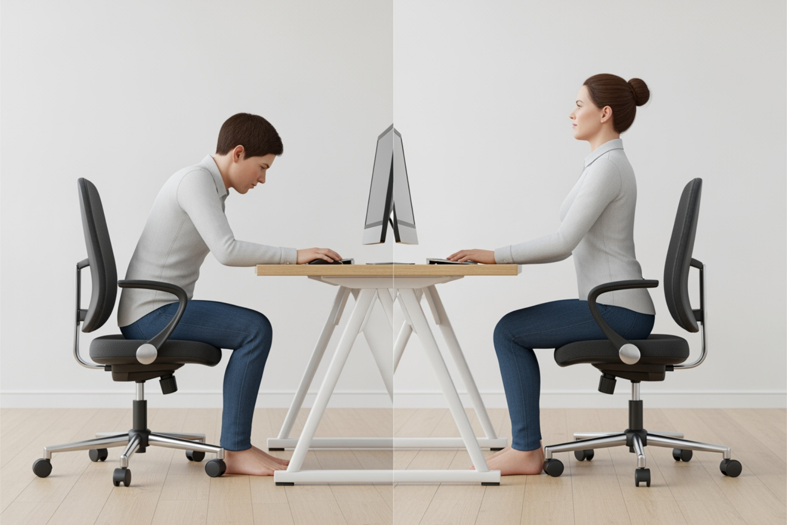 good and bad sitting posture - sore shoulder blade muscle