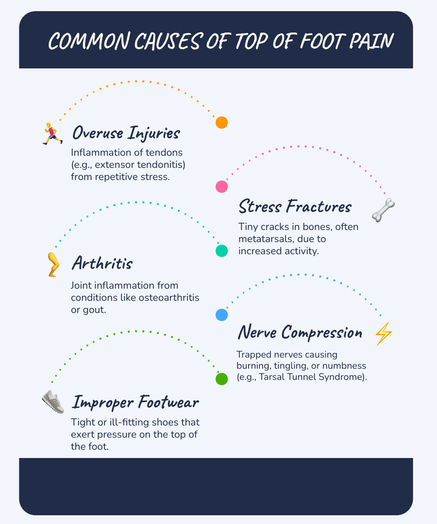 Infographic: Common Causes of Top of Foot Pain and Quick Relief Options - top of foot pain infographic infographic-line-5-steps-blues-accent_colors Infographic: Common Causes of Top of Foot Pain and Quick Relief Options - top of foot pain infographic infographic-line-5-steps-blues-accent_colors
