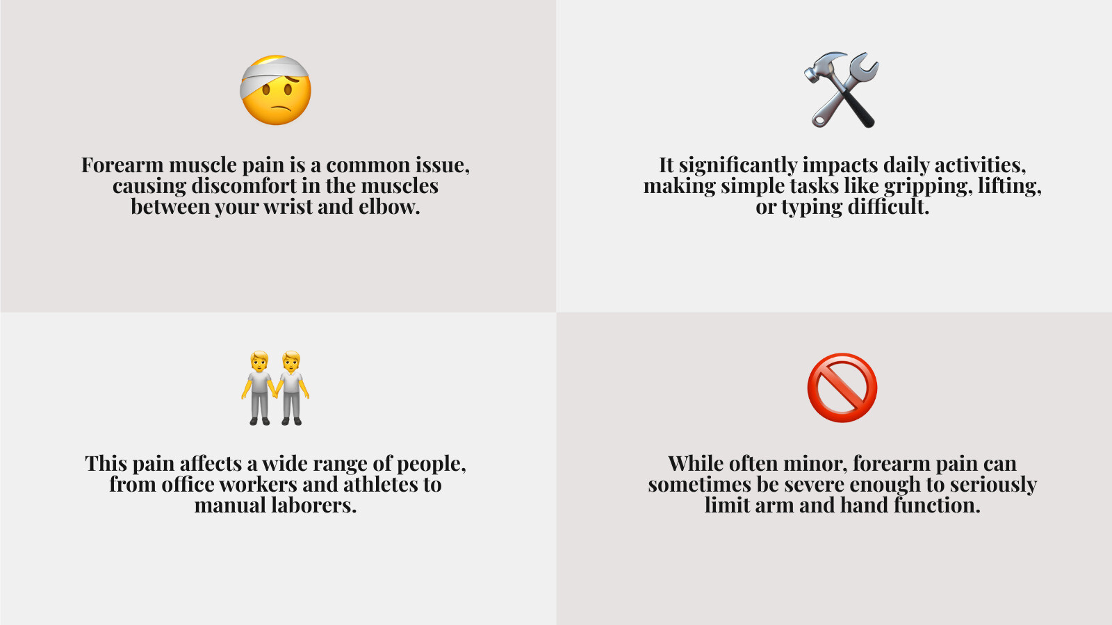 Detailed infographic on the prevalence of upper limb pain and its impact on daily activities - forearm muscle pain infographic 4_facts_emoji_grey