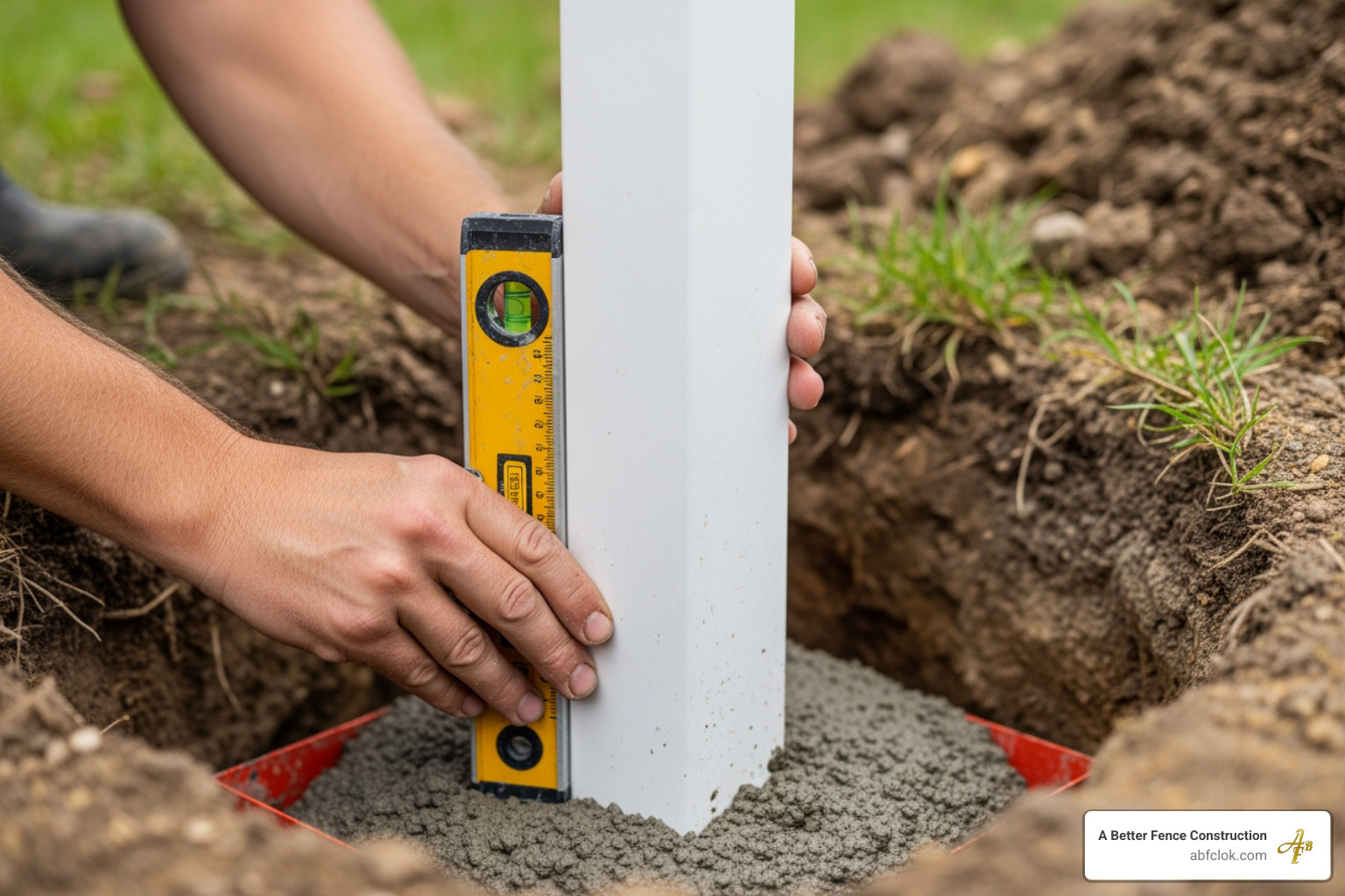 A fence post being set in concrete and checked with a level - vinyl fence install A fence post being set in concrete and checked with a level - vinyl fence install