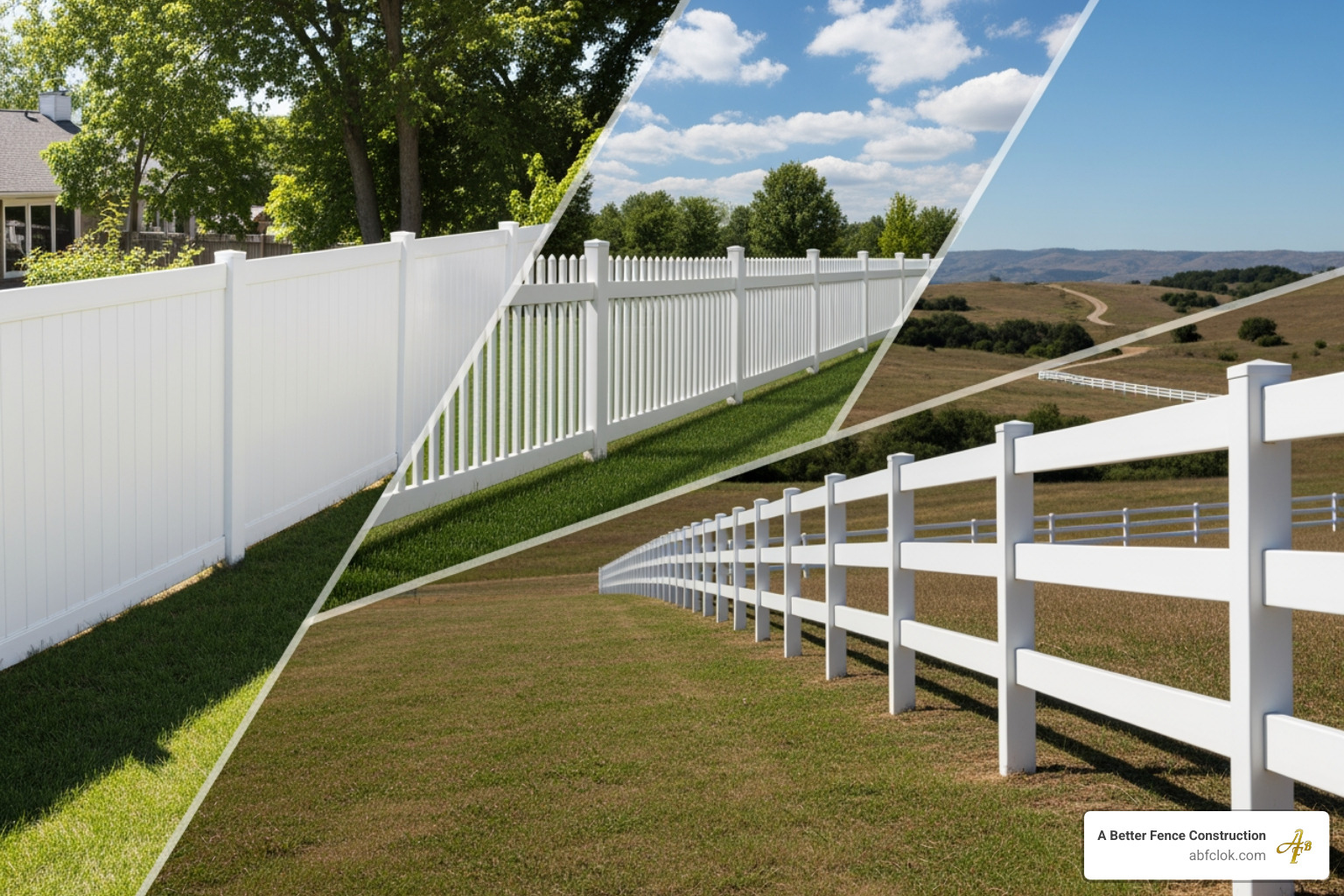 A collage of different vinyl fence styles including privacy, picket, and ranch rail designs - vinyl fence install A collage of different vinyl fence styles including privacy, picket, and ranch rail designs - vinyl fence install