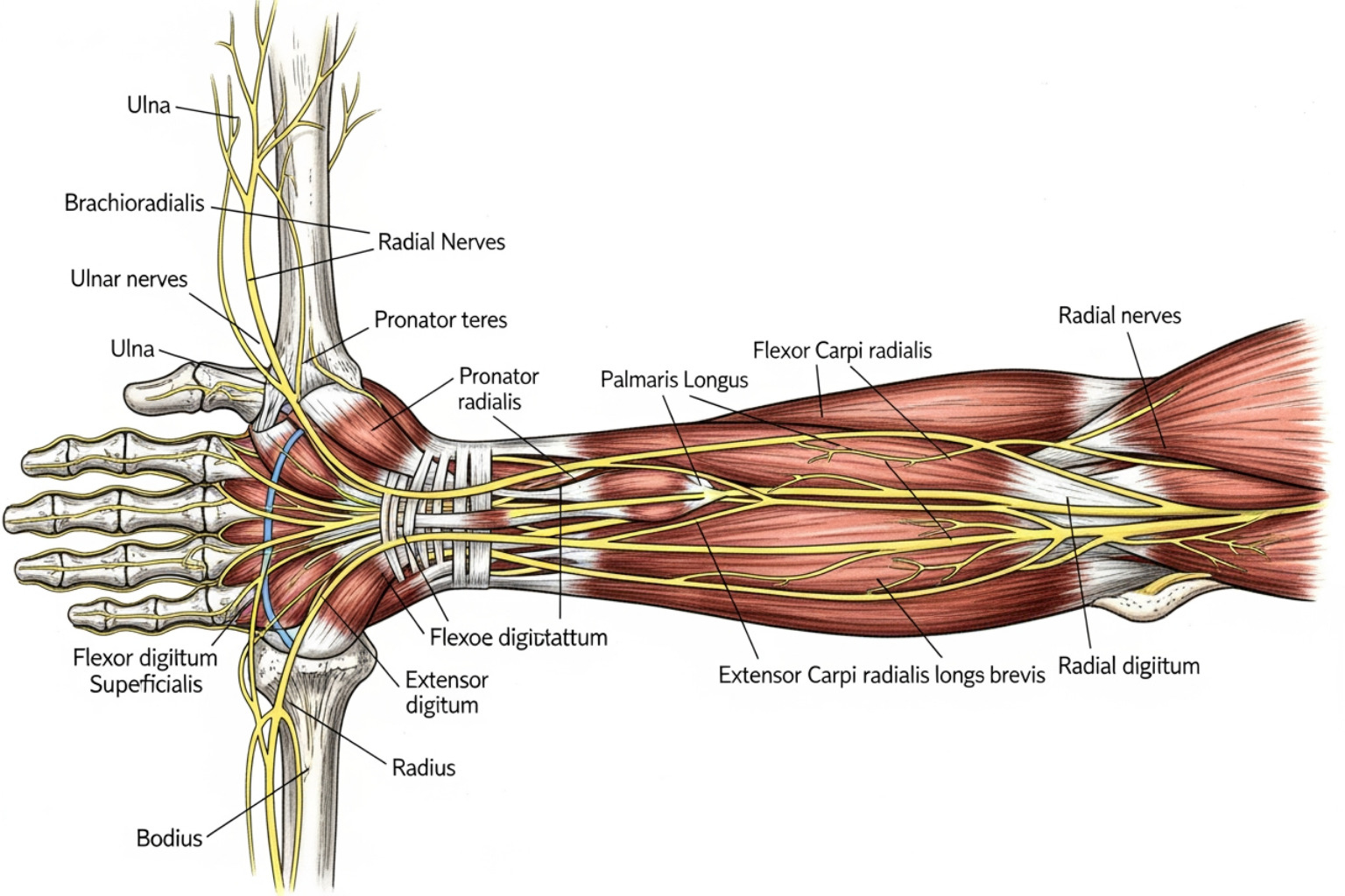 anatomy of the forearm showing bones, major muscles, and nerves - forearm muscle pain