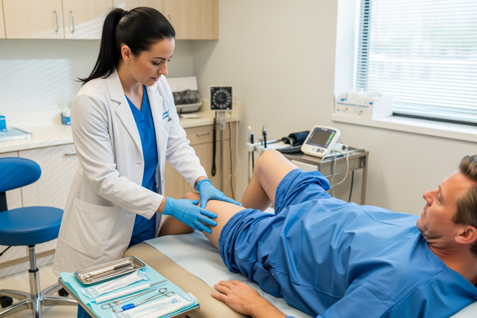 Doctor examining a patient's leg - soreness in thighs