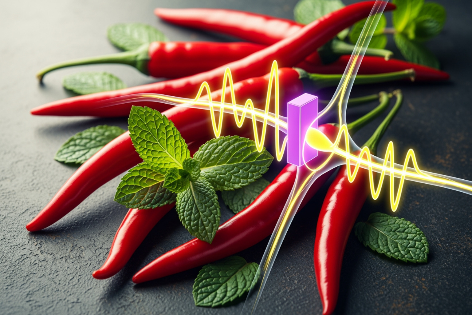 chili peppers, mint leaves, and a diagram of a nerve being blocked - nerve relief cream for feet