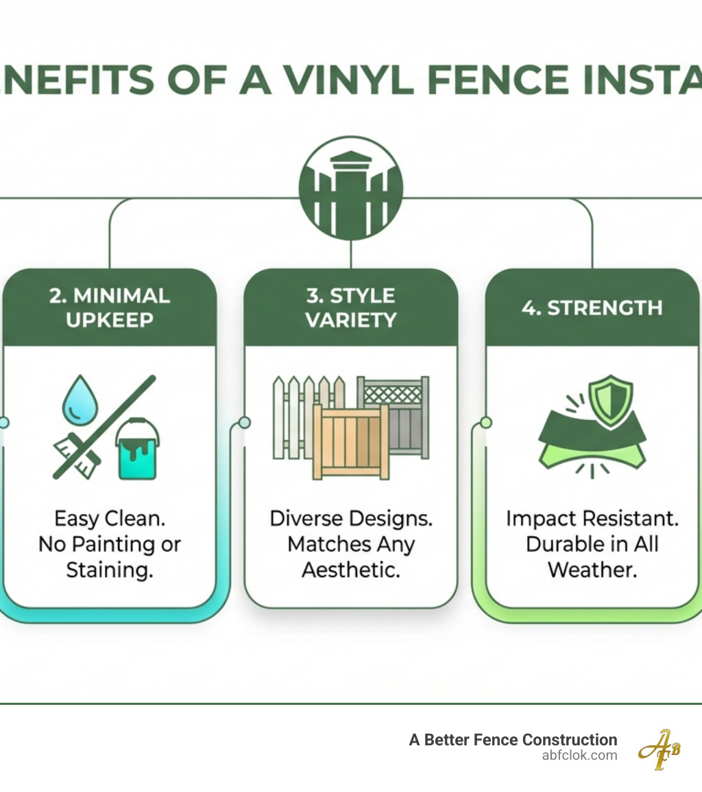 Infographic explaining the top 5 benefits of choosing a vinyl fence: Longevity, Minimal Upkeep, Style Variety, Strength, and Cost-Effectiveness - vinyl fence install infographic Infographic explaining the top 5 benefits of choosing a vinyl fence: Longevity, Minimal Upkeep, Style Variety, Strength, and Cost-Effectiveness - vinyl fence install infographic