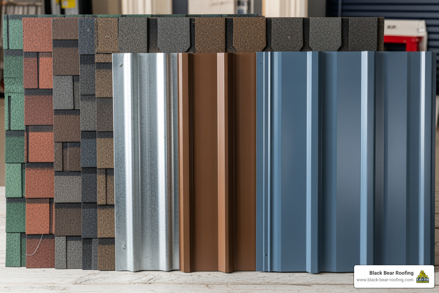 Different roofing material samples including asphalt shingles and metal panels - Roofing company bellafontaine, ohio