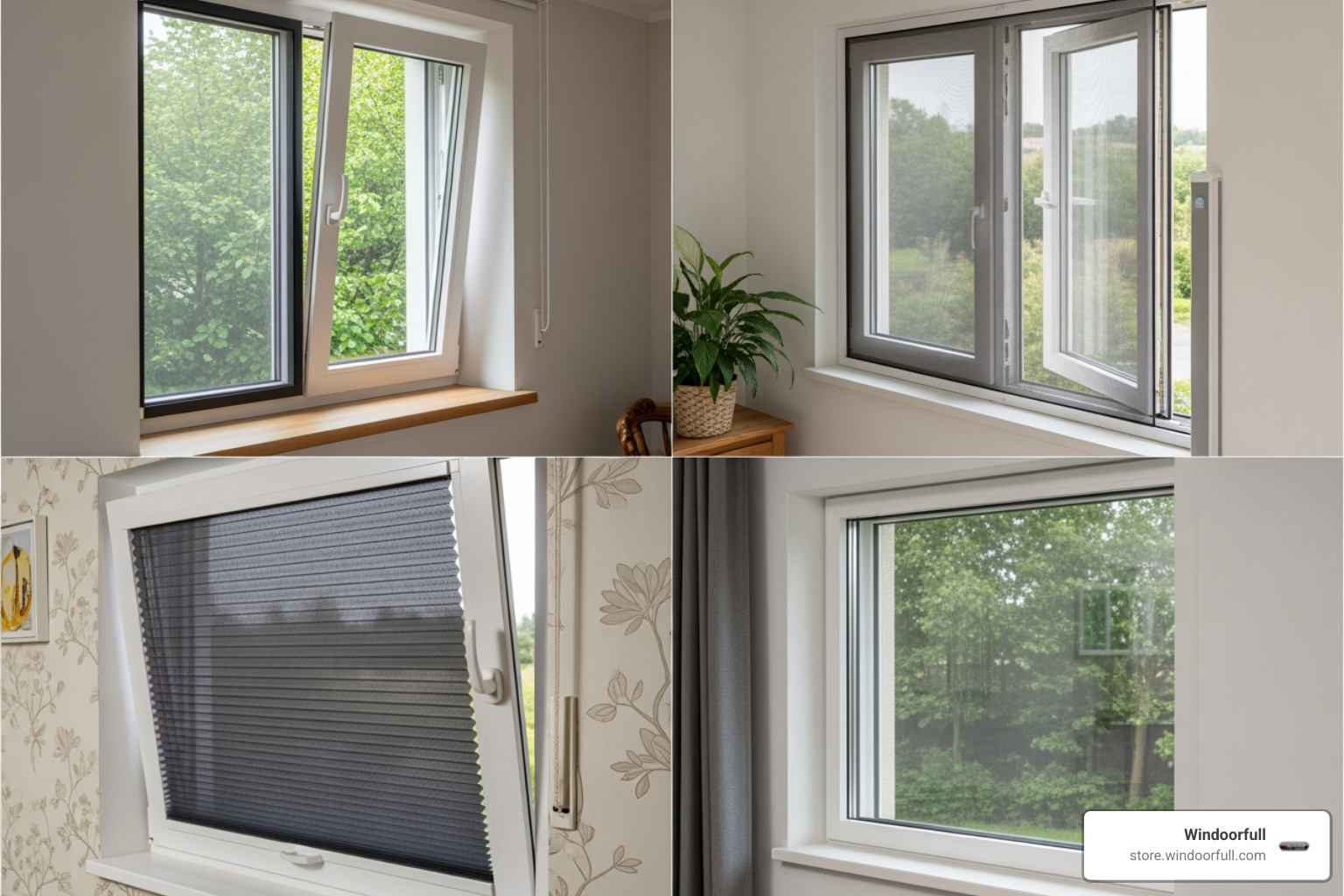 Collage of magnetic, retractable, pleated, and framed screens - Mosquito Screen for Euro Style Windows Collage of magnetic, retractable, pleated, and framed screens - Mosquito Screen for Euro Style Windows