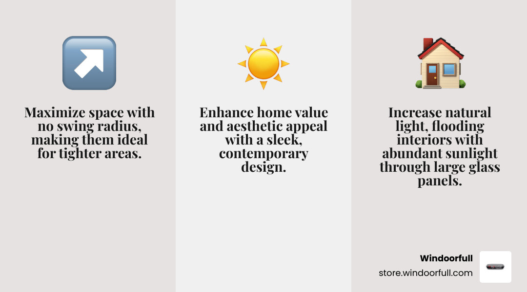 Infographic showing the key benefits of sliding doors: space-saving design with no swing radius needed, increased natural light through large glass panels, enhanced home value with modern aesthetics, energy efficiency through superior insulation and weatherstripping, and improved indoor-outdoor living with seamless patio access - Sliding Doors infographic 3_facts_emoji_grey Infographic showing the key benefits of sliding doors: space-saving design with no swing radius needed, increased natural light through large glass panels, enhanced home value with modern aesthetics, energy efficiency through superior insulation and weatherstripping, and improved indoor-outdoor living with seamless patio access - Sliding Doors infographic 3_facts_emoji_grey