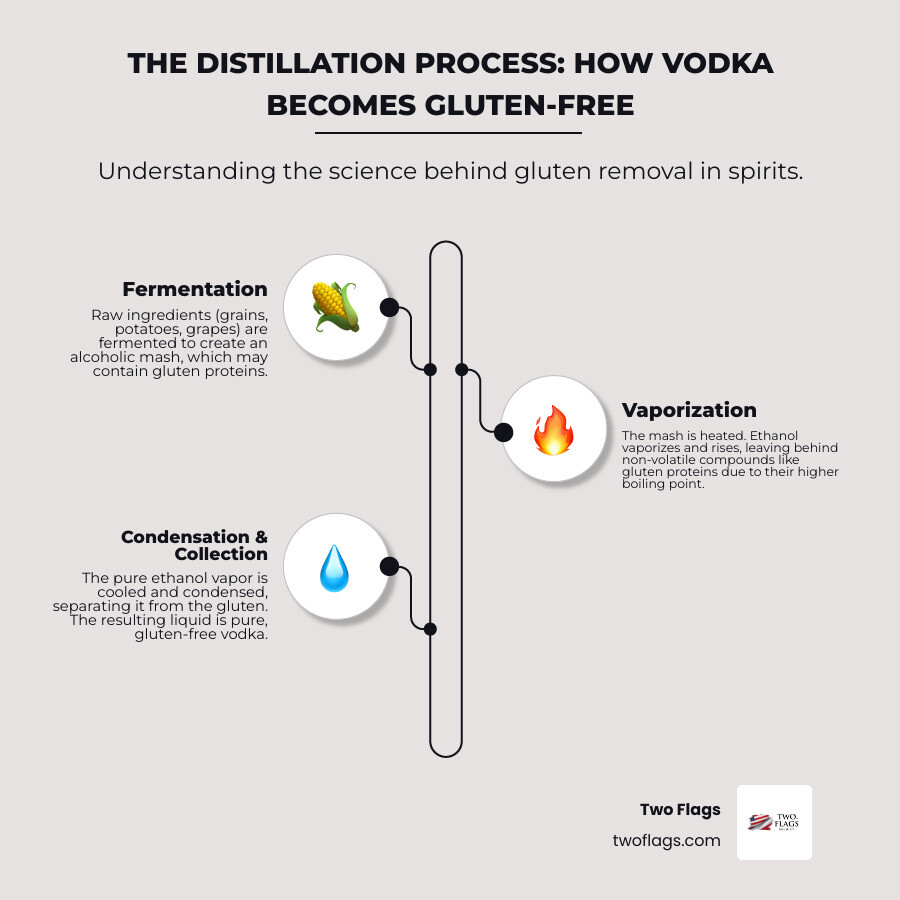 Infographic showing how the distillation process works: fermented mash containing gluten is heated, ethanol vaporizes and rises (leaving gluten proteins behind due to higher boiling point), vapor is collected and cooled into pure liquid vodka that is gluten-free - gluten free vodka infographic infographic-line-3-steps-elegant_beige Infographic showing how the distillation process works: fermented mash containing gluten is heated, ethanol vaporizes and rises (leaving gluten proteins behind due to higher boiling point), vapor is collected and cooled into pure liquid vodka that is gluten-free - gluten free vodka infographic infographic-line-3-steps-elegant_beige