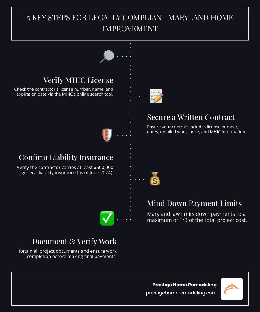 Infographic showing the 5 key steps for legally compliant Maryland home improvement: 1) Verify contractor has valid MHIC license, 2) Ensure written contract with all required elements, 3) Confirm contractor carries minimum $500,000 liability insurance, 4) Pay no more than 1/3 down payment, 5) Keep documentation and verify work completion before final payment - Maryland home improvement infographic infographic-line-5-steps-dark