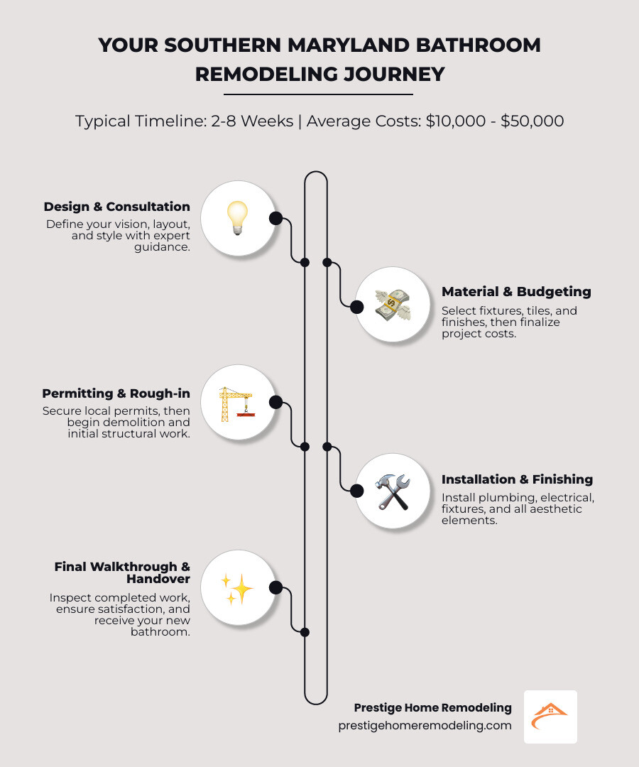 infographic showing the bathroom remodeling process: initial consultation and design phase, material selection and budgeting, permitting and planning, demolition and rough-in work, installation of fixtures and finishes, final walkthrough and completion, with typical timeline of 2-8 weeks and average costs of $10,000-$50,000 in Southern Maryland - southern maryland bathroom remodeling infographic infographic-line-5-steps-elegant_beige