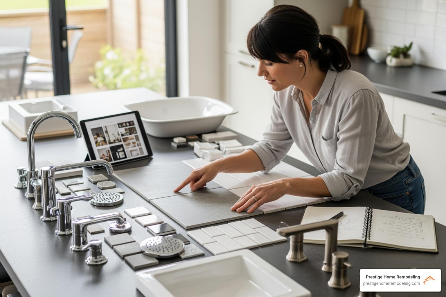 a homeowner looking at tile and fixture samples - southern maryland bathroom remodeling