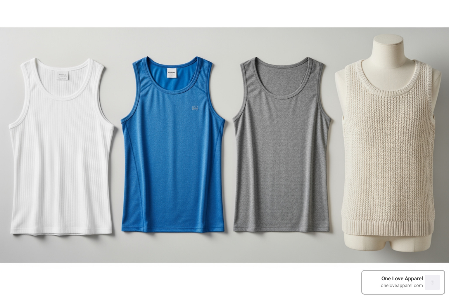 four different styles of tank tops laid out or mannequins: a ribbed A-shirt, a performance tank, a muscle tank, and a knitted tank - mens premium tank top