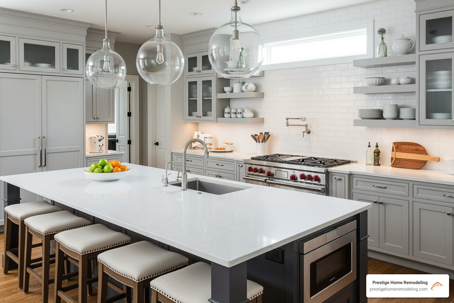 transitional style kitchen with a large island and quartz countertops - Kitchen design Baltimore