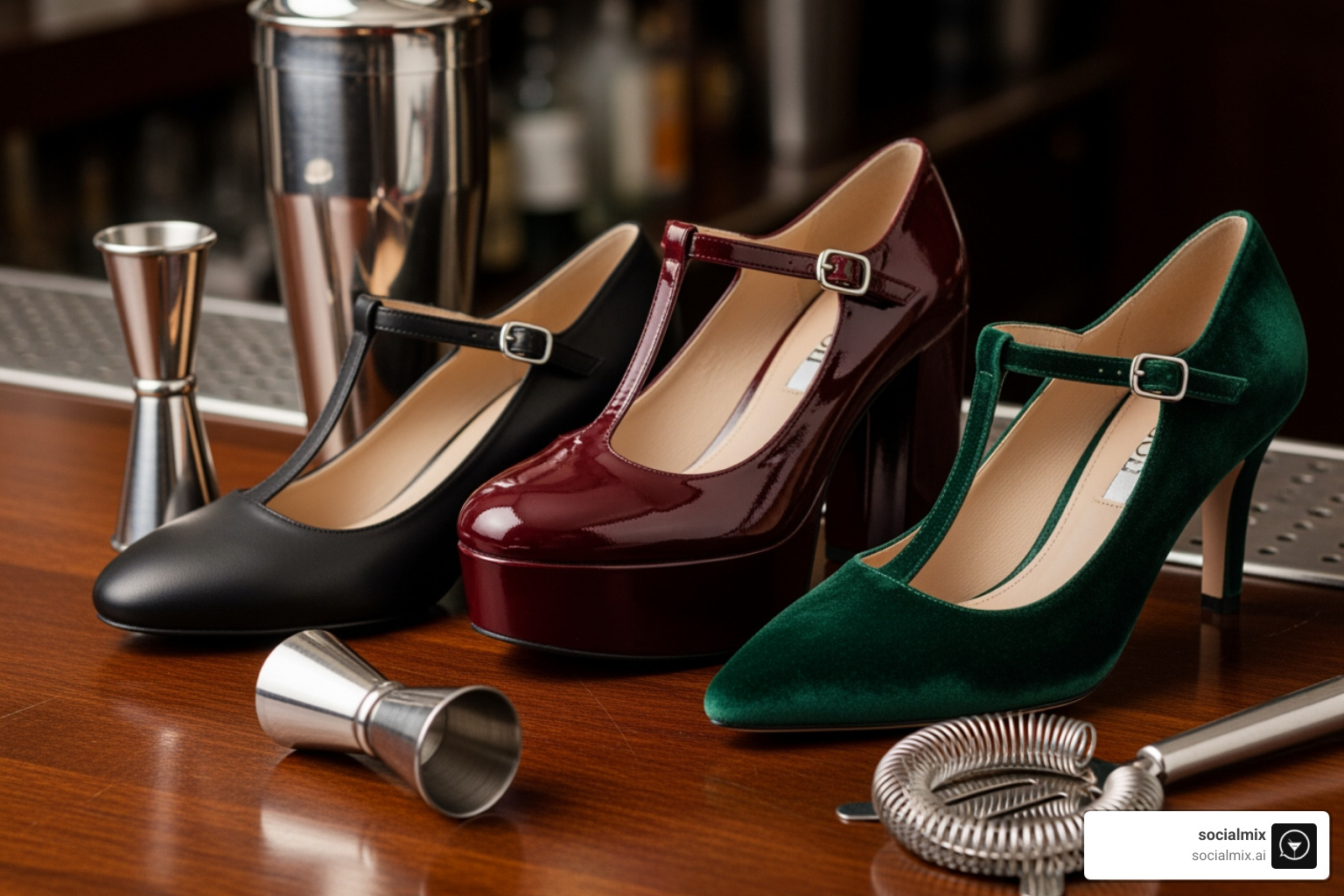 three different styles of T-strap shoes (flat, platform, heeled) arranged with cocktail-making tools like a jigger and shaker - t strap mary jane