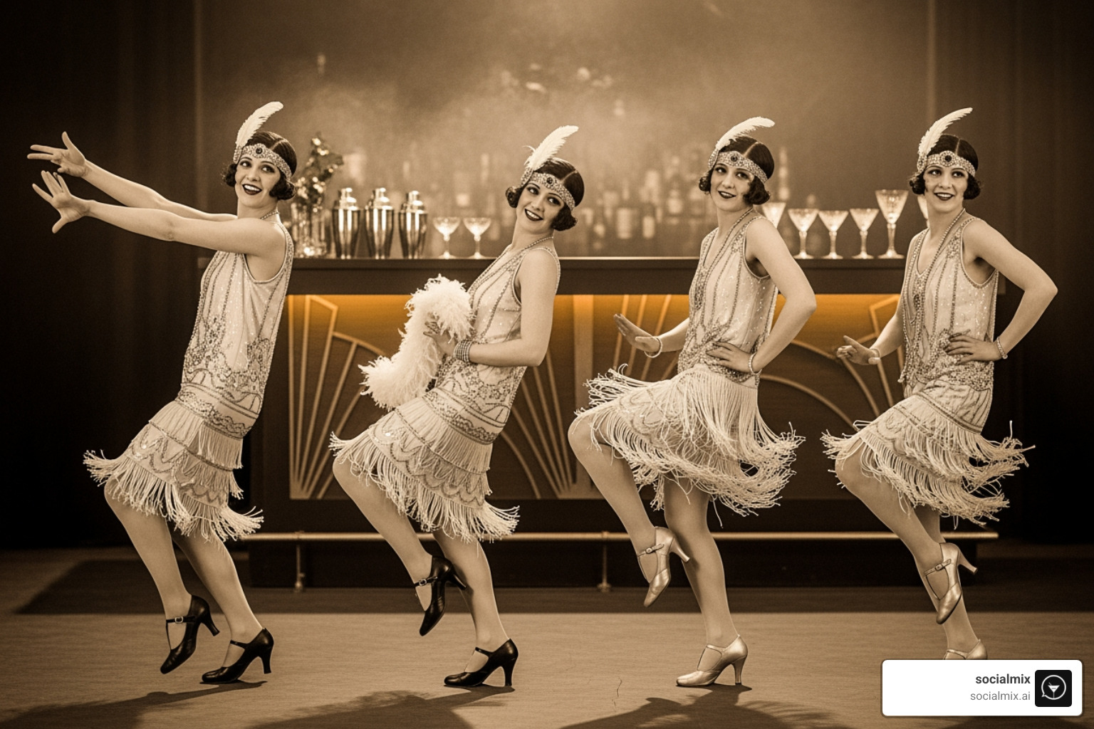 vintage 1920s flapper dancers wearing T-strap heels, with a subtle background of cocktail shakers and glasses - t strap mary jane