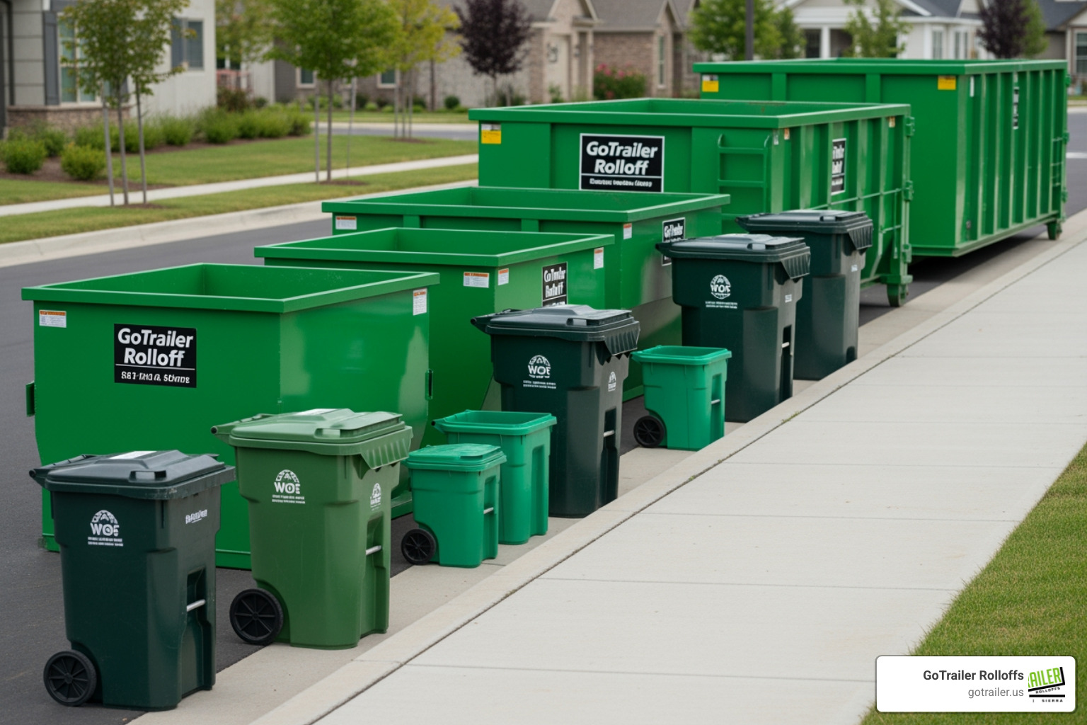 GoTrailer Rolloffs dumpsters and bins on a curb - Tucson waste removal GoTrailer Rolloffs dumpsters and bins on a curb - Tucson waste removal