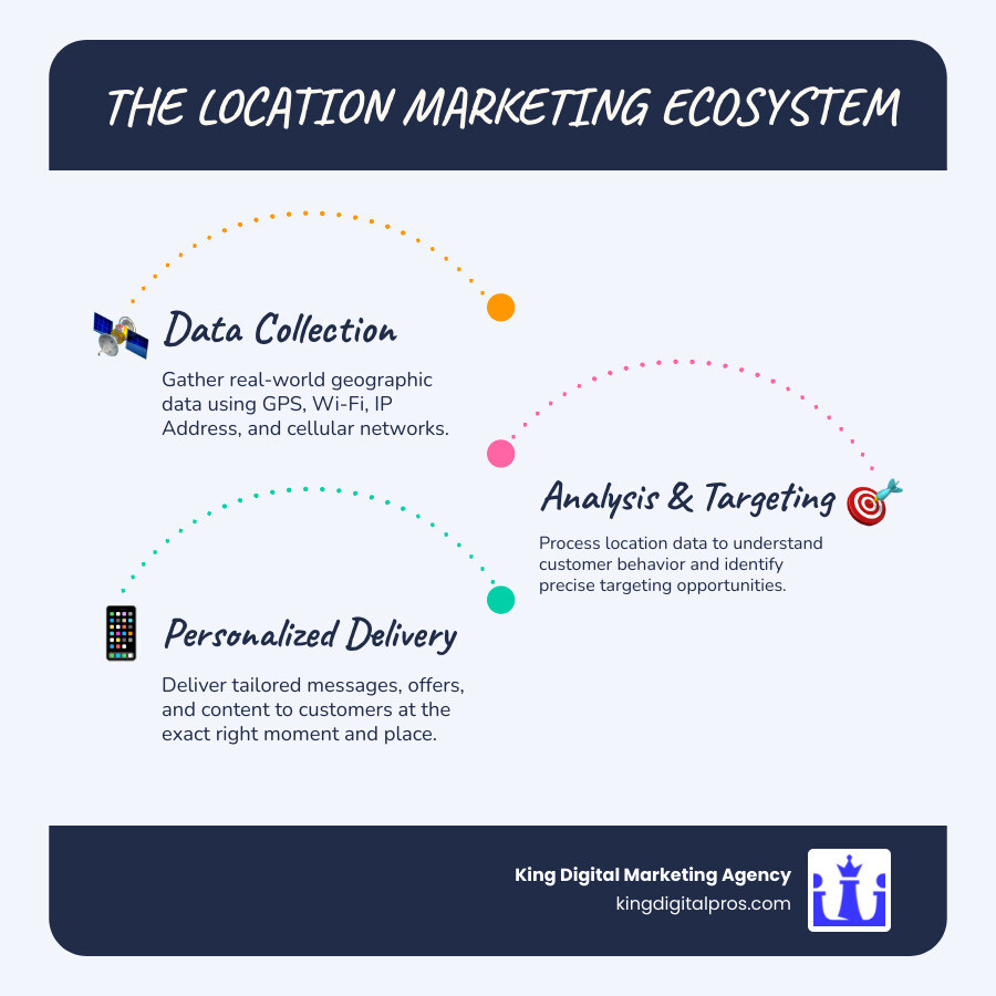 Infographic Showing Location Marketing Ecosystem From Data Collection Through Gps And Wi-Fi To Personalized Message Delivery Via Push Notifications And Sms - Location Marketing Infographic Infographic-Line-3-Steps-Blues-Accent_Colors