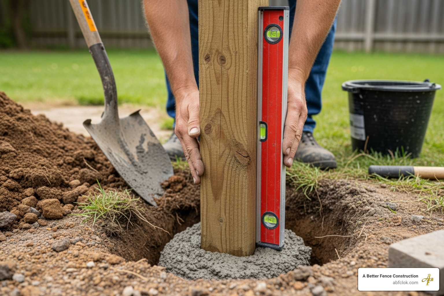 a fence post being set correctly in concrete - wooden fence installation company a fence post being set correctly in concrete - wooden fence installation company