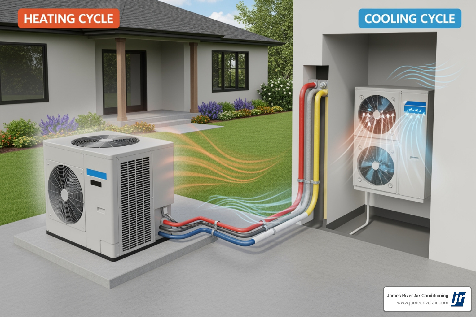Infographic showing the heating and cooling cycle of a heat pump system, with arrows indicating refrigerant flow direction in winter heating mode and summer cooling mode, including outdoor unit, indoor unit, reversing valve, and temperature transfer process - heat pump service in montpelier, va Infographic showing the heating and cooling cycle of a heat pump system, with arrows indicating refrigerant flow direction in winter heating mode and summer cooling mode, including outdoor unit, indoor unit, reversing valve, and temperature transfer process - heat pump service in montpelier, va