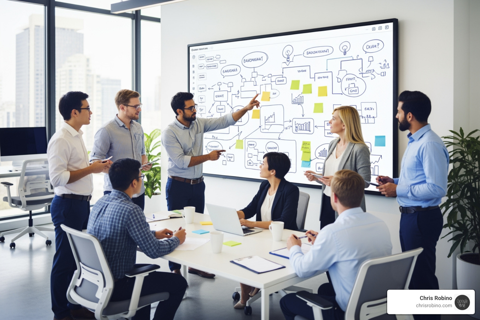 diverse team collaborating on a digital whiteboard - highly innovative technology firm