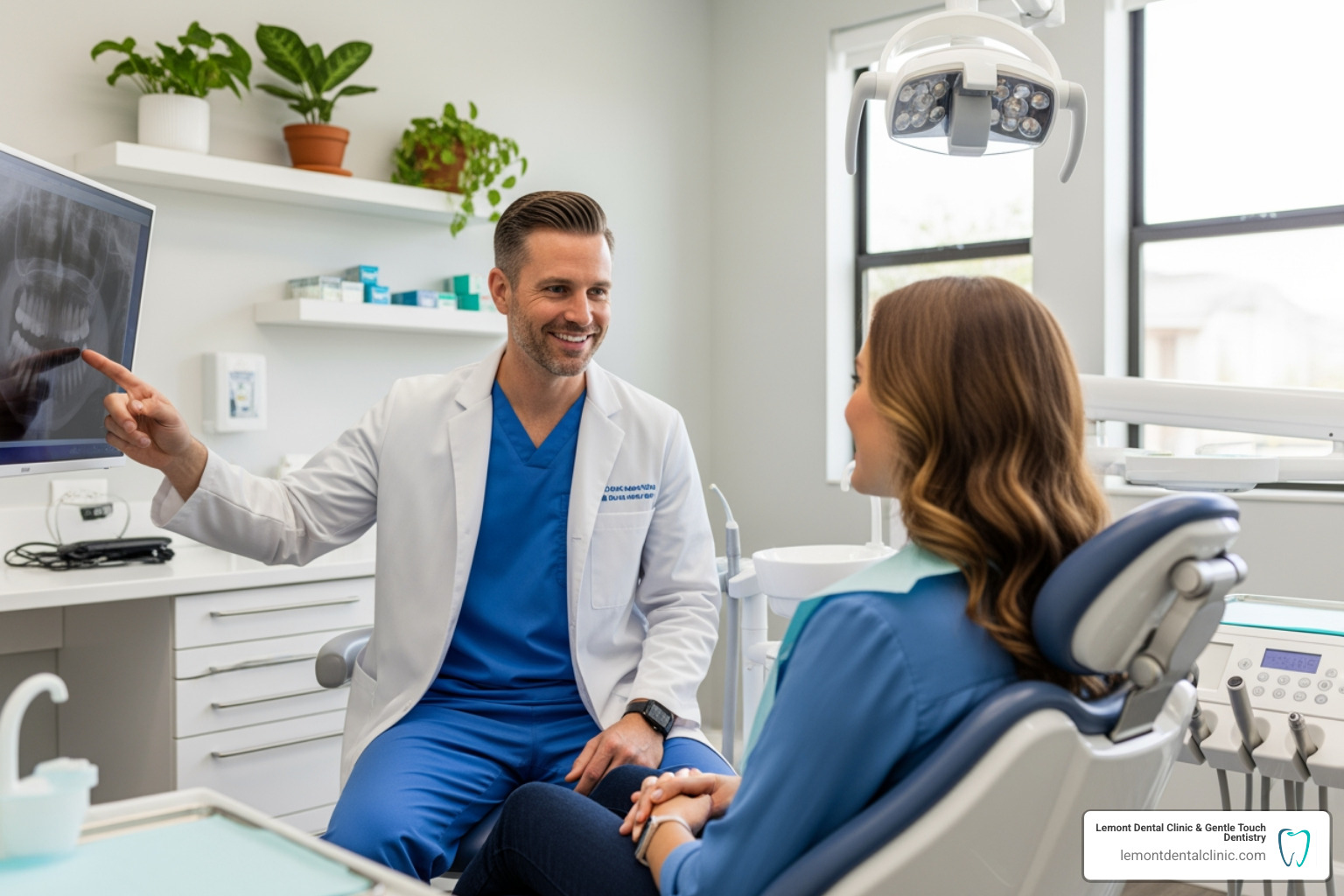 friendly dentist consulting with a patient - brushing teeth friendly dentist consulting with a patient - brushing teeth