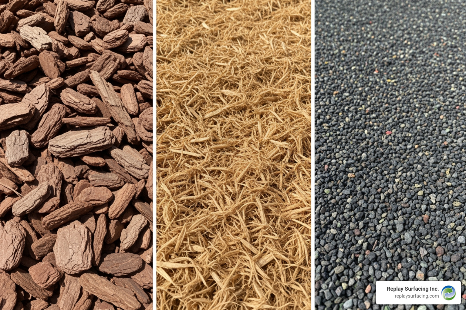 Side-by-side comparison of different mulch textures—all products installed and maintained by Replay Surfacing Inc. in Charlotte, NC - bark mulch playground surfacing in charlotte nc