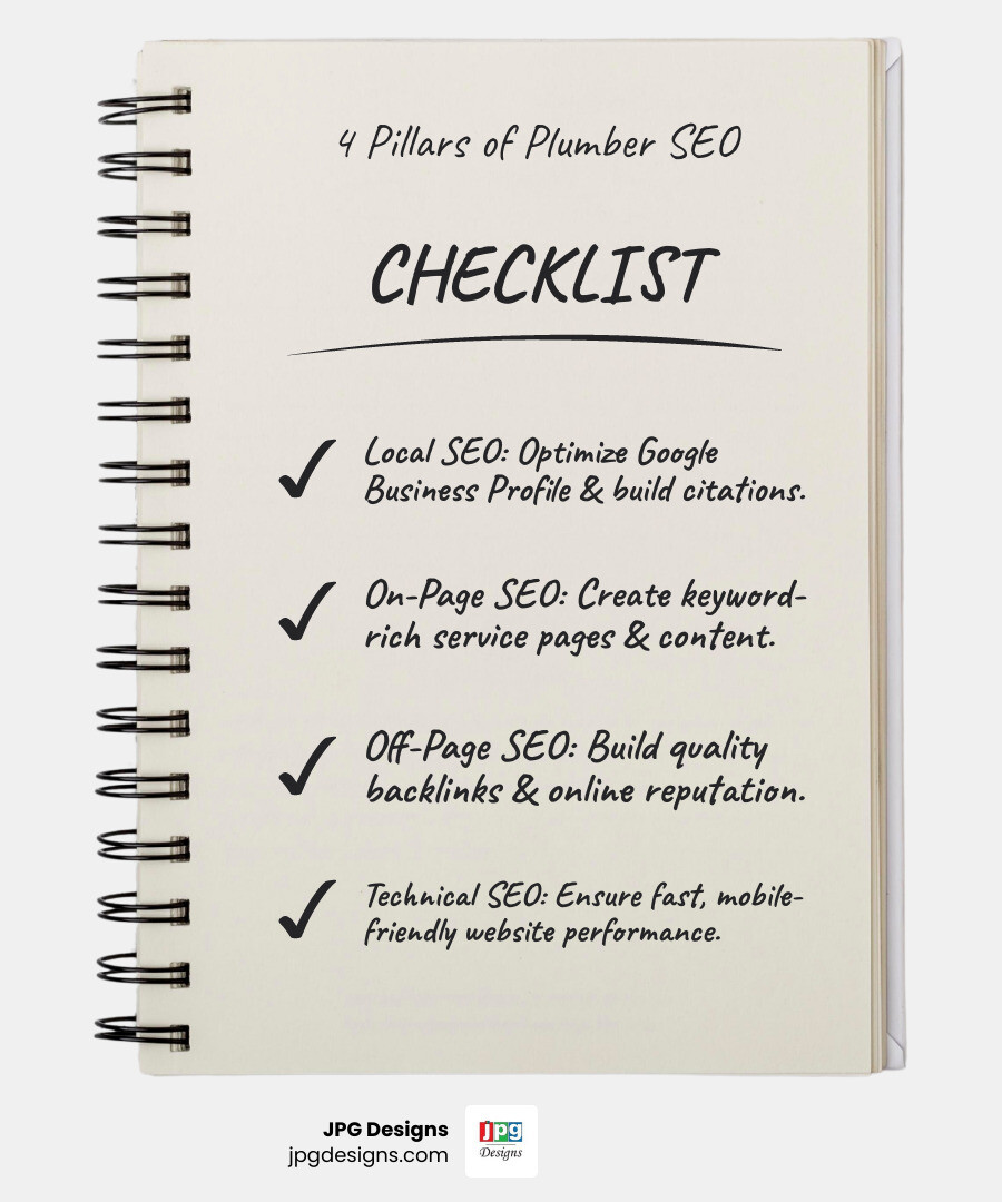 infographic explaining the four pillars of plumber SEO: Local, On-Page, Off-Page, and Technical - SEO for plumbers infographic checklist-notebook