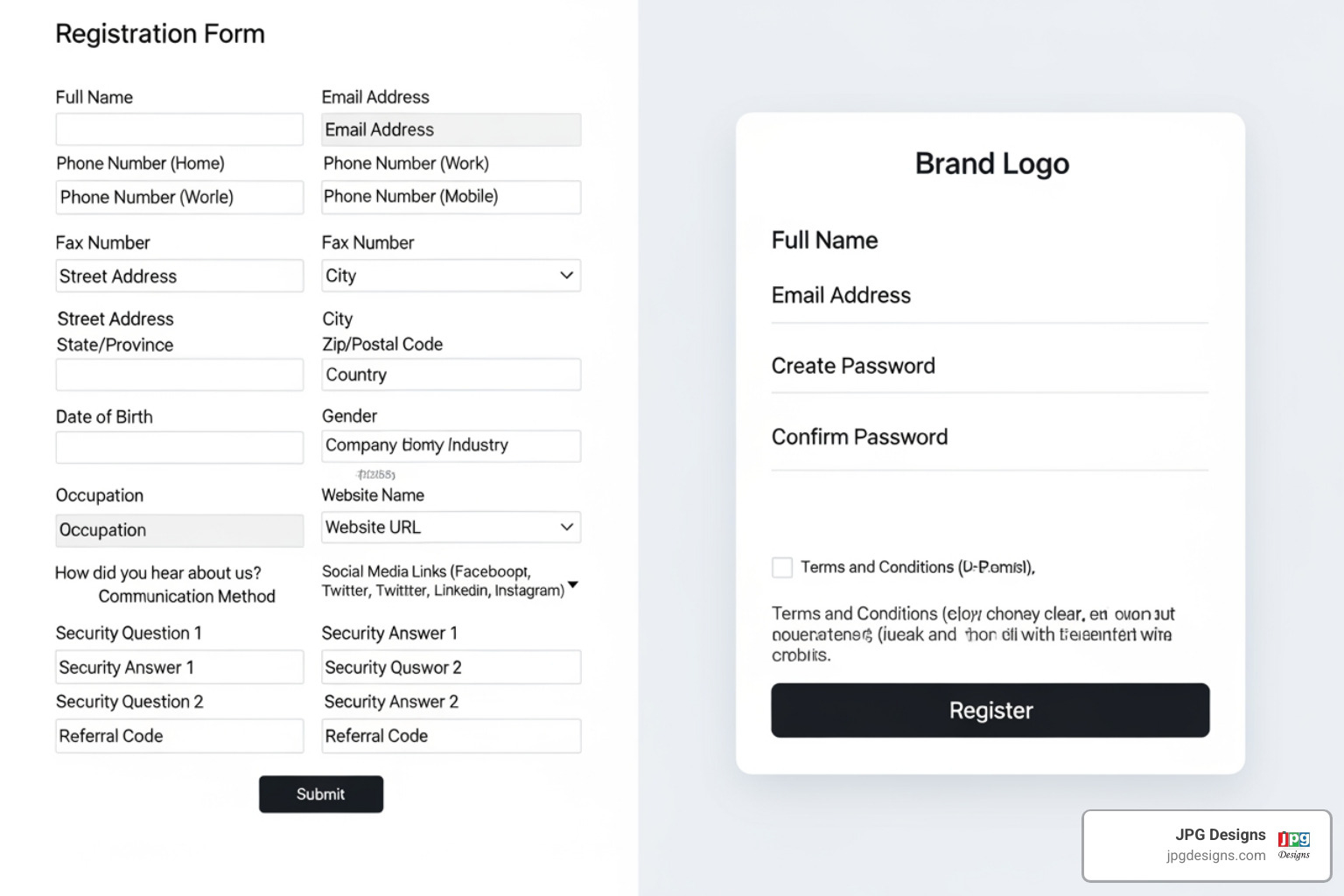 comparing a cluttered, unprofessional form with a clean, branded one - event registration forms comparing a cluttered, unprofessional form with a clean, branded one - event registration forms